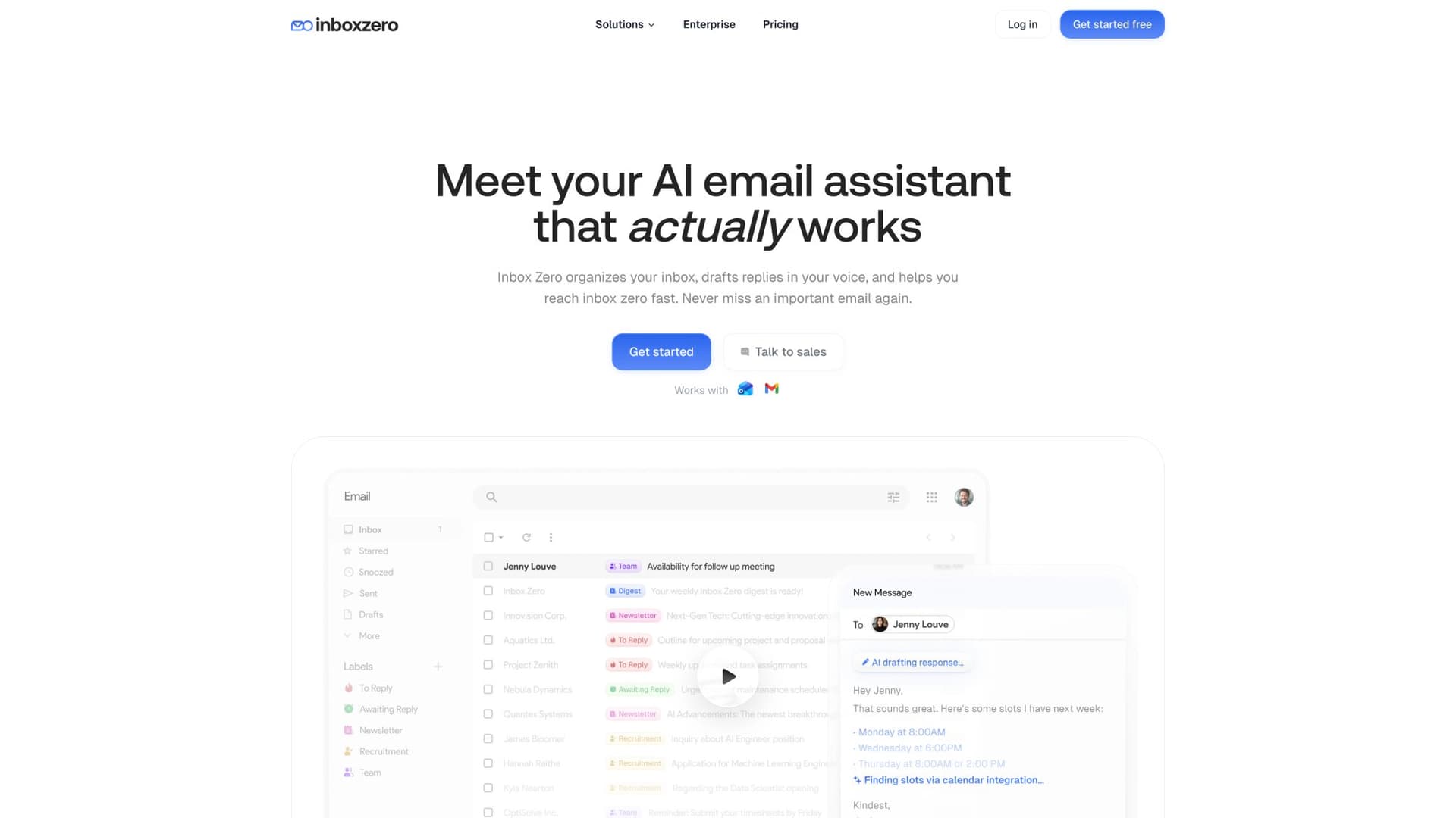 Inbox Zero AI email assistant homepage showing automated email management and rule-free inbox organization